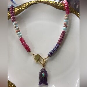 Colorful Rondelle Jade Beaded Necklace with Amethyst Pendant